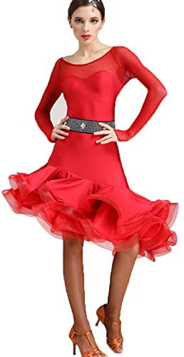 Yhsgscr Rundhalsad latinsk dansklänning med fiskbensmönster för kvinnor Dansklänning för samba rumba Cha Cha danskläder Slim fit Långärmade tangokläder,C,XXL
