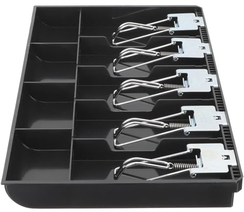 HOMSFOU Cash Register Insert Tray Black Plastic Cashier Drawer Organizer with 5 Bill and 4 Coin Compartments for Shop Money Storage and Cash Handling
