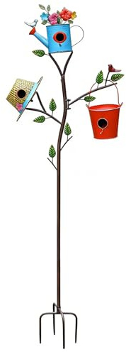 3-in-1 Bird House with Pole for Outside, Multi-Colored Metal Bird Houses for Outside, Durable Colorful Birdhouse on Stake for Bluebirds, Squirrel Proof with Easy-Clean Rear Doors, Garden Decor