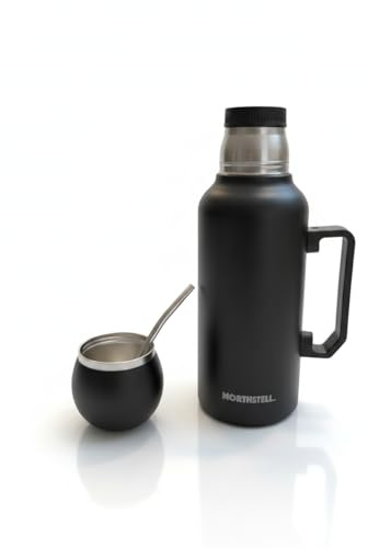 Northstell Thermo per Mate Argentino 1,3L in Acciaio Inox con Tappo che Diventa Mate e Bombilla Integrata – Borraccia Termica Grande 1300ml Doppia Parete, Senza BPA, Mantiene Caldo e Freddo (Nero)