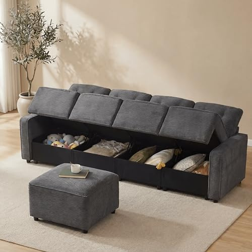 Merax 4 Sitzer Sofa mit Stauraum unter den Sitzflächen, inklusive eines frei platzierbaren Hockers, Modern Cordsofa für Wohnzimmer/Schlafzimmer/Gästezimmer, Grau