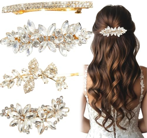 Aribliseza Barrettes à Cheveux en Or, 4 Pièces Bijoux de Cheveux avec Strass pour Dames, Accessoires de Mariée pour Mariage et Fête, Accessoires Éléguants pour Mariée et Communion