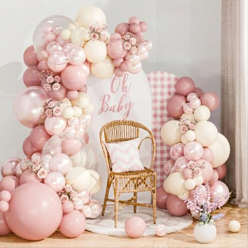Luftballon Girlande Rosa Weiß, 118 Stück Doppellagiger Perlrosa Ballongirlande mit Pinke Luftballons Rosa Pastell Beige Ballons für Mädchen Geburtstagsdeko Baby Party Shower Hochzeit Jga Party Deko