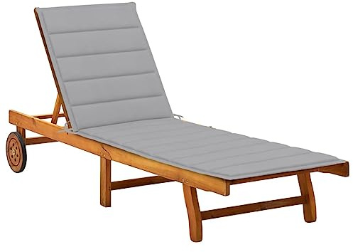Qnhdfrt Lettino prendisole in legno massello di acacia con cuscino, sedia a sdraio da giardino regolabile con ruote e ripiano, sedia a sdraio per giardino, terrazza e piscina, 200 x 60 cm