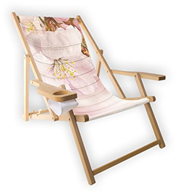 MultiBrands® Holz-Liegestuhl, mit Armlehne und Getränkehalter, klappbar, Motiv Holz mit Blumen