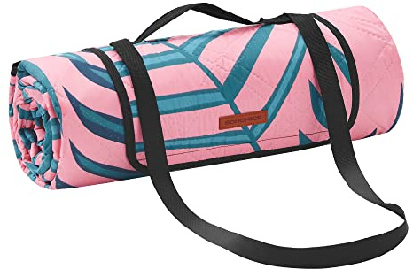 SONGMICS Manta de Picnic, 200 x 200 cm, Manta de Camping Grande, para Parque, Jardín, Playa, Impermeable, Lavable a Máquina, Plegable, Motivo de Helechos y Rosa GCM87KJ