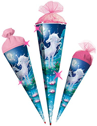 mit 3D Glitzer - Effekt ! Schultüte - Einhorn - Mondscheineinhorn - 22-85 cm - mit Holzspitze - 6 eckig - Organza Abschluß - Zuckertüte - Roth - Spitze ..