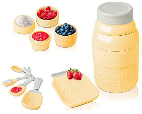 Comfify Ensemble de Cuisine Pot Mason Vintage Ensemble de Décoration Céramique pour la Cuisine a/ 4 Verres à Mesurer, 4 Cuillères à Mesurer et Un Support à Cuillère – en Céramique Jaune Embossée
