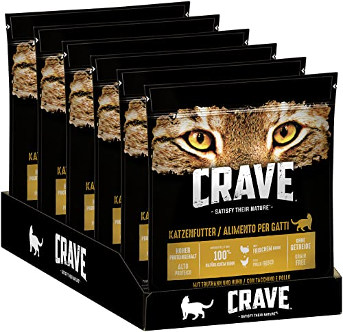 Crave Adult Trockenfutter mit Truthahn & Huhn, 6 Beutel, 6x750g – Premium Katzenfutter trocken mit hohem Proteingehalt und ohne Getreide – Hergestellt mit 100 Prozent natürlichem Huhn
