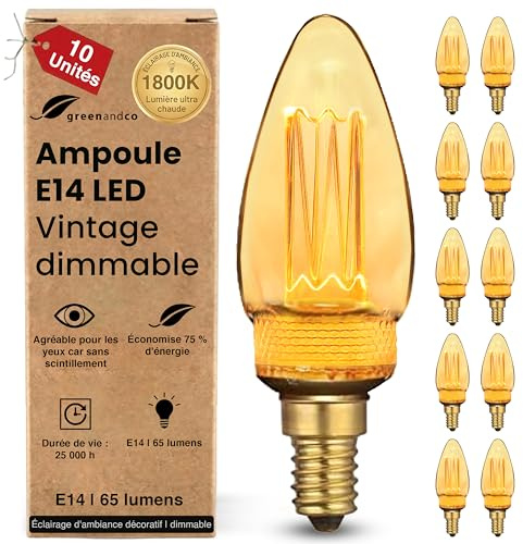 greenandco 10x dimmbare Vintage Design LED Birne zur Stimmungsbeleuchtung | E14 C35 | gold | 2,3W 65lm | 1800K extra warmweiß | 320° | 230V | flimmerfrei | Edison Glühbirne