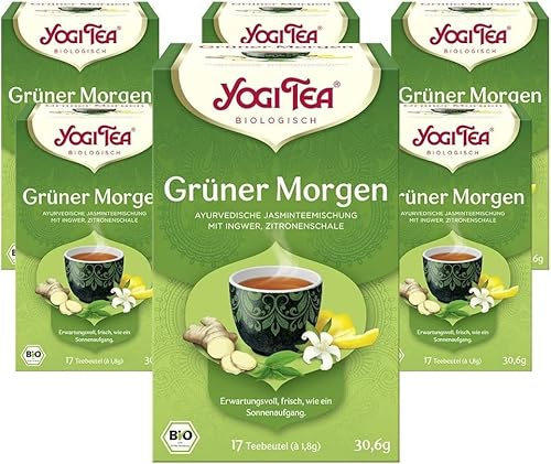 Yogi Tea Grüner Morgen, 6x17 Beutel (102 Teebeutel) | Ayurvedischer Bio Gewürz- und Kräutertee, Mischung aus grünem Jasmintee, Ingwer, Zitronenschalen, Ideal als Geschenk