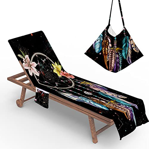 Morbuy Beach Chair Cover Towel, Dreamcatcher Pattern Beach Towel Lounger Bags with Pockets Sunbed Towels Fitted Microfiber Sun Lounger Towels for Summer Garden Pool Vacation (Lily Flower)