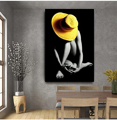 DUDLOO Moderne sexy nackte Frau Leinwand Gemälde schwarz und weiß Wandkunst Mädchen tragen gelben Hut Poster Porträt HD Bild Wohnkultur 60 x 90 cm rahmenlos