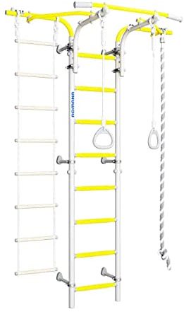 Sprossenwand Erwachsene Zuhause | Kletterwand mit klimmzugstange aus Metall und zubehör (Silber-Gelb)