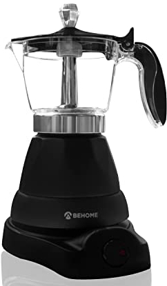 BEHOME Caffettiera Elettrica 3 tazze | Macchina da caffè elettrica con Riduttore 1 tazza | Mantenimento caffè caldo per 30 min, Base Rotante a 360°, Nera (Senza Timer)