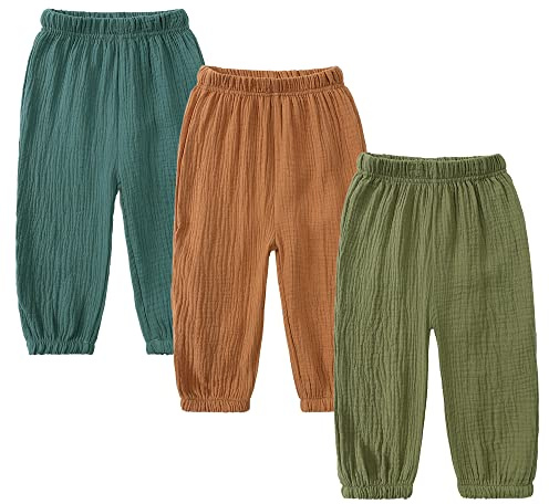 Kids Tales 3 Pack Boys Girls Cotton Linen Pants Child Basic Plain Solid Trousers Big Kids Elastic Waist Long Pants Bloomers