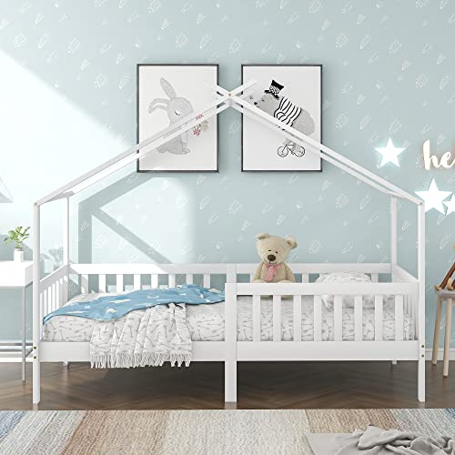 Idemon Schönes Hausbett, Kinderbett Massivholz mit Zaun und Lattenrost, Kinder- und Jugendzimmer mit Absturzsicherung, weiß (200x90 cm)