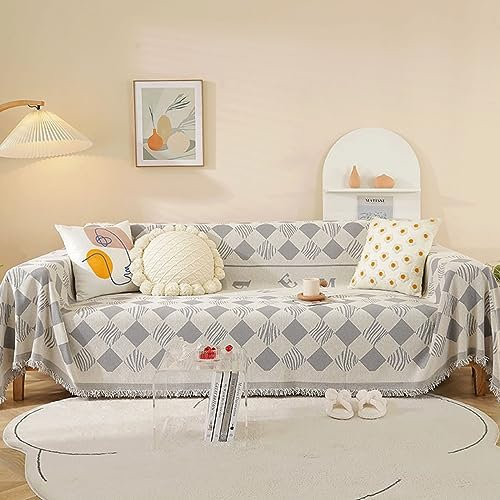 Homxi Sofahusse 2 Sitzer,180x200CM,Sofabezug Sitzer Rautenmuster mit Quasten Chenille Sofa Überwurf Handtuch Sofa Hellgrau Sofa Überzug Decke