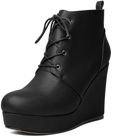 AUMOTED Women's Wedge Ankle Boots Round Toe Platform Short Boots Lace up High Heels for Party Prom Wedding Dress Shoes Matte Black US Size 9.5