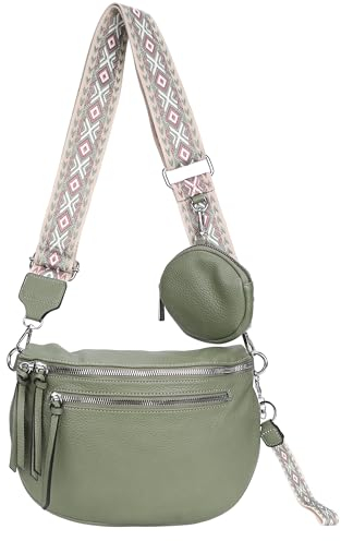 irisaa Umhängetasche Damen Crossbody Bag, 3 in 1 Schultertasche, Bauchtasche mit Reißverschluss und Verstellbarem breitem Gurt, Handtasche für Männer Frauen, DKB Farbe:Grün Doppel