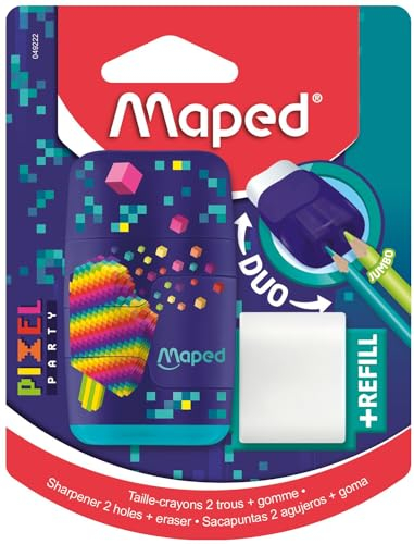 Maped - Taille-Crayons Gomme Duo Pixel Party - 2 en 1 - Taille-Crayons 2 Trous + Gomme, Sans PVC ni Phtalate - Avec Recharge Gomme