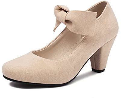 elerhythm Zapatos de mujer Bowknot Mary Jane Bow Retro Tacones de los años 50 Vintage Faux Suede Cerrados Redondos Zapatos de Dedo de los años 20 Gatsby Oficina Cómodos Bowtie Dressy Zapatos, Cuello.,