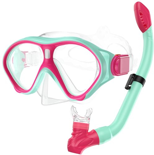 Gintenco Snorkeling Gear for Kids, Dry Top Kids Snorkel Set for Age 6-14, Anti-Fog Tempered Glass Swimming Goggles Anti Leak Diving Mask 180 Degree View for Youth Toddler Girls Boys