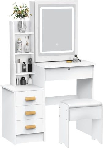 Haibinsuo Coiffeuse avec miroir coulissant et lumières, tabouret rembourré 5 tiroirs, 3 modes d'éclairage réglable