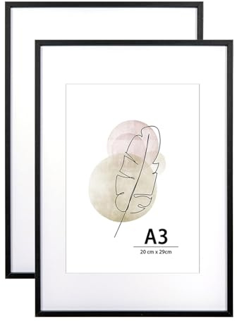 KAIWIN Bilderrahmen A3 Schwarz Holz Fotorahmen 2er Set Holzrrahmen mit Passepartout zum aufhängen Benutzt für Wohnzimmer, Schlafzimmer, Arbeitszimmer, für Fotos, Kunstwerke und Poster