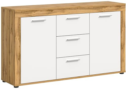 xonox.Home - Sideboard Jam 125x80x35 cm in Front weiß Melamin Korpus Wotan Eiche Nb - Lowboard Wohnzimmerschrank Anrichte - modern, geräumig und funktional