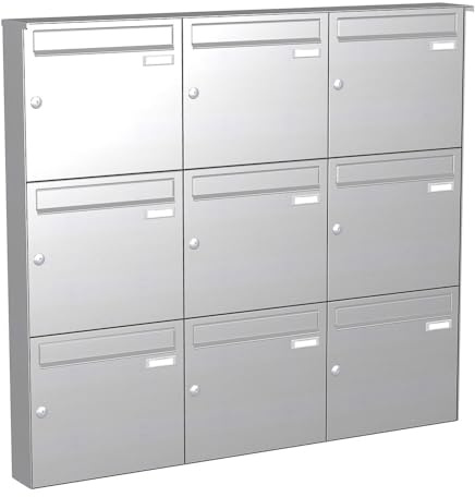KNOBLOCH Briefkastenanlage | Aufputz | 9-Fach | Edelstahl | senkrecht | optional 2. Namensschild & 3 Schlüssel