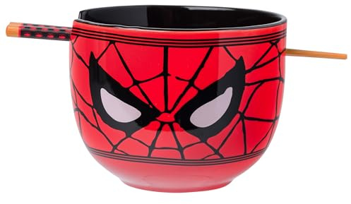 Silver Buffalo Marvel Avengers Spider-Man Face Closeup Ceramic Ramen Noodle Rice Bowl with Chopsticks, Microwave Safe, 20 Ounces
