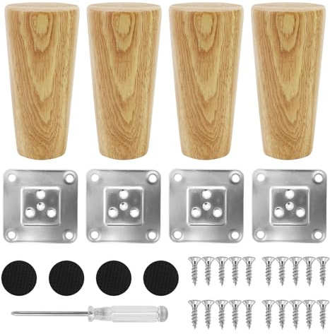 10cm Holz Tischbeine,4 Stück Massivholz Konisch Ersatz Sofafüße Möbelfüße Sockelfüße Tischfuß Aus Eiche, Möbelbeine mit Montageplatten & Schrauben für Stühle und Sofa Bett, mit 1 Schraubendreher