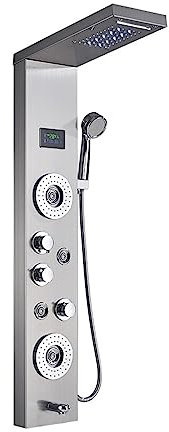 JYHUHGRG Termostatiskt duschblandarset, lyxig svart/borstad badrumsduschkran, LED-duschpanel, kolumn badkarsblandare med handdusch temperaturdisplay, struken, D-1