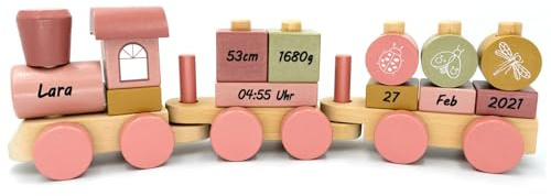 Coverlounge Personalisierte Holz-Eisenbahn mit Namen – Lokomotive mit Steckformen in Rosa – Geschenk zur Geburt & Geburtstag für Mädchen & Jungen – Schriftfarbe Schwarz