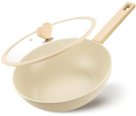 Wok with Lid, 5 Quart Wok Pan with Nonstick Cream Interior, Nonstick Wok with Cool-touch Heart-shaped Handles, Flat Bottom Woks with Lid, Deep Pan Induction Compatible, Cream Woks - 11 Inch