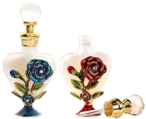 Joyeee Frascos de perfume de vidrio, paquete de 2 decantadores de perfume pequeños decorativos vintage de 10 ml, recipiente de vidrio con forma de corazón de rosa azul y rosa roja para viajes de