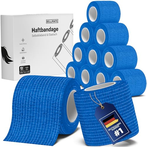 Bellmate Selbstklebender Verband [12x Bandagen 10cm x 4,5m] elastischer Verband selbstklebend für Menschen, Pferde & Hunde - Premium Haftbandage selbstklebend (Blau, 5cm x 4,5m)