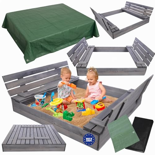 MODO24 Sandkasten mit Deckel, Sitzbänken und Schutzplane, Holzsandkasten, Gartenspielzeug für Kinder, Sandkasten für Garten, Outdoor Sandkasten, Abmessungen 140x137 cm, Farbe: Grau (imprägniert)