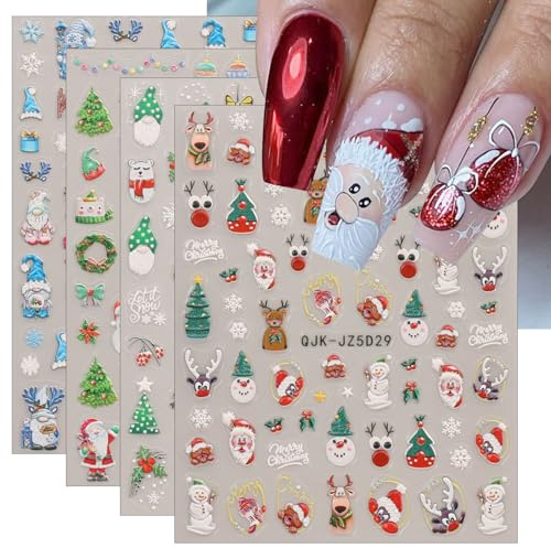 JMEOWIO 3D Nagelsticker Weihnachten Schneemann Schneeflocke süß Nail Art Sticker Selbstklebend Nagelaufkleber 5D Stereoskopisch Dekoration Nageldesign Zubehör 4 Blatt