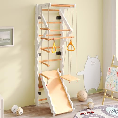 Muro de escalada de madera para niños, con tobogán, columpio, escalera, zona de dominadas, anillas, equipo de juego y juego de jungla, hasta 50 kg.