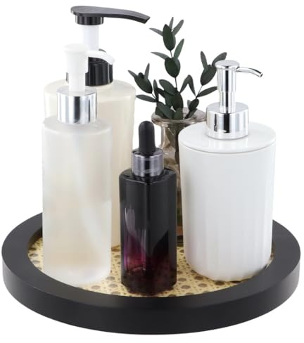 Plateau rond décoratif en rotin avec bordure en bois noir, plateau de service et de présentation multifonction pour la maison et le bureau