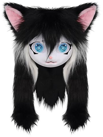 Furry Animal - 60 x 40 cm Fursuit Head Cat Masks | Katt djur huvuden med ögon lång hår, plysch huvudkläder kostym för halloween maskerad fest cosplay kostym rekvisita