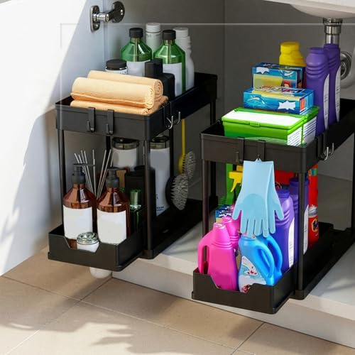 KOVIO Two Large Size Under Sink Organiser + Pair of Kitchen Gloves – 2 Tier kitchen cupboard organiser with hooks Multipurpose Black Rack - Pull Out Drawer for Cleaning Product for Bathroom & Kitchen
