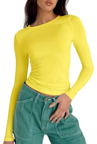 Women's Casual Crop Tops Slim Fit Top Crew Neck Long Sleeve Tight T-Shirt Basic Blouse Tee Tops(Yellow-10,S)