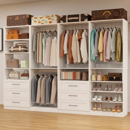 Closet System with 4 Sets, 8-21FT Closet Organizer Systems with 6 Drawers & 8 Hanging Rods & Adjustable Shelves, Walk in Closet Freestanding Closet System Modular Closet System Set White