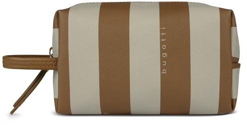 bugatti Cleo Kosmetiktasche, kleines Täschchen aus gestreiftem Kunstleder in Cognac/beige