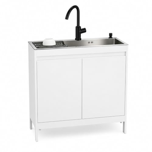 Lavello da Cucina con Mobiletto Autoportante, Mobile Lavatoio in Acciaio Inox con Miscelatore Nero, Lavandino per Lavanderia Salvaspazio Moderno Armadietto per Garage, Bagno ed Esterno
