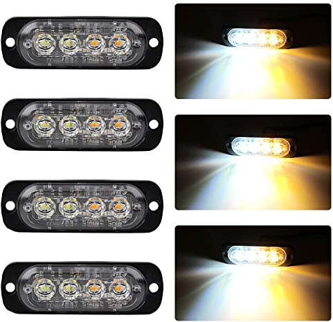 KaiDengZhe 4pcs Luces de Advertencia de Emergencia 4LED Ultrafinas Ámbar y Blanco Luces Estroboscópicas Intermitentes Peligrosas Universal Coche 12-24V Caravana Campista Motocicleta Furgoneta