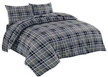 NZ Tartan Check Luxurious Flannel 100% Natural Brushed Cotton Thermal Duvet Cover Sets Reversible Bedding Sets (Grey, Double)